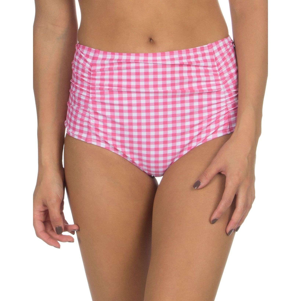 Lauren James Gingham Rouched Bikini High Waist Bottoms, Pink, Large NWOT